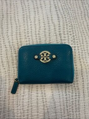 Tory Burch Teal Pebbled Leather Zip Card Wallet with Logo